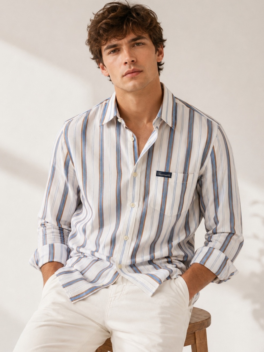 Faconnable (EU) White Striped Button-Down Shirt with Blue & Tan Stripes-00C